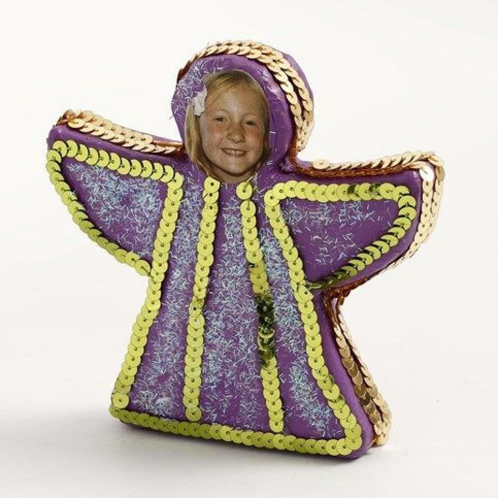 A standing painted Angel decorated with Sequin Ribbon