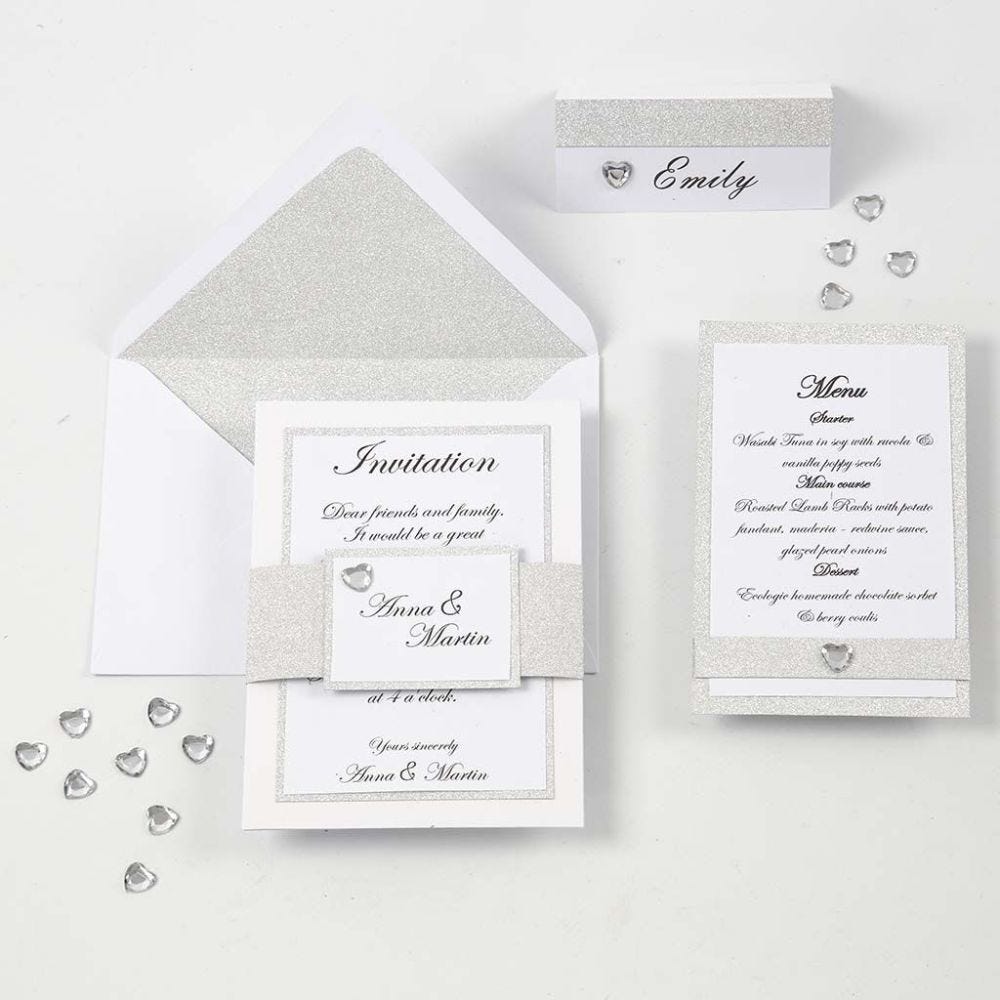 A white and silver Invitation, Menu Card and Place Card