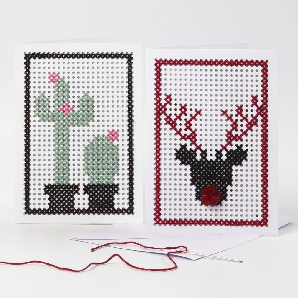 Embroidered Greeting Cards with a Cactus and a Reindeer