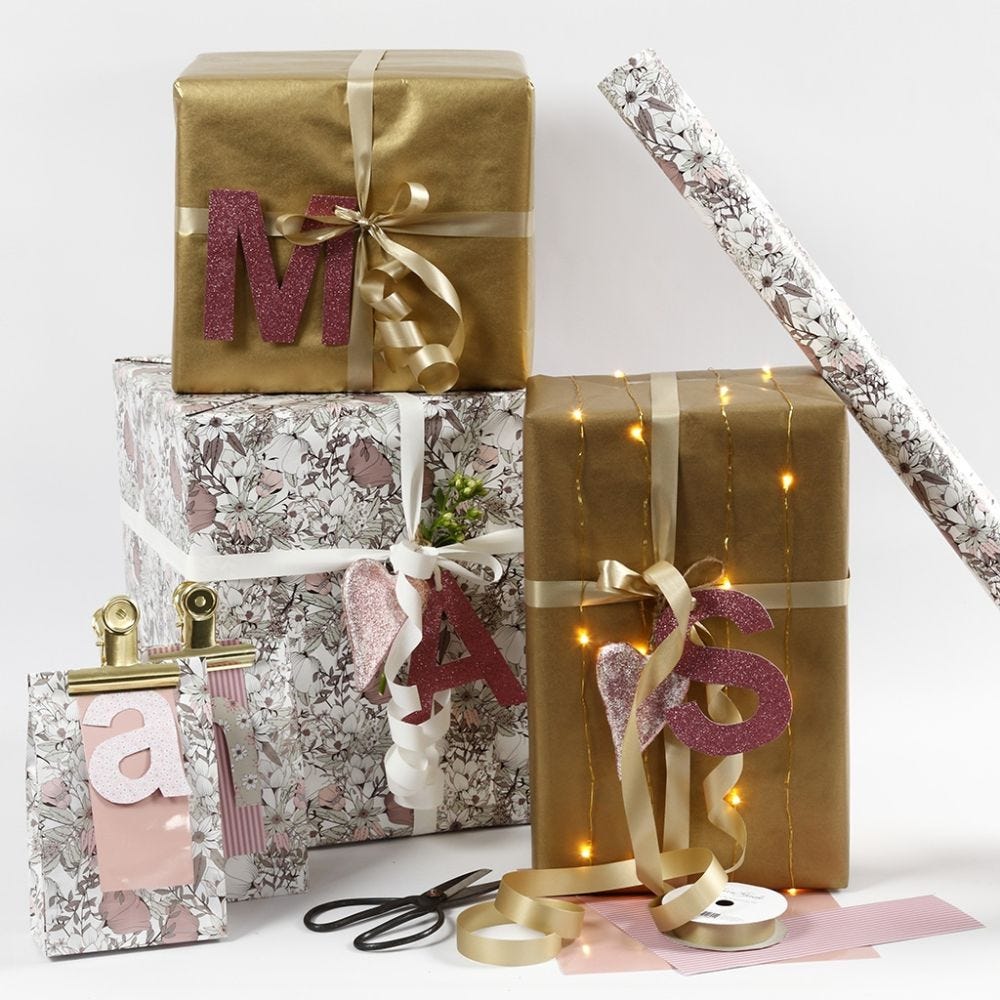 Rose and Gold Gift Wrapping with Design Paper Letters