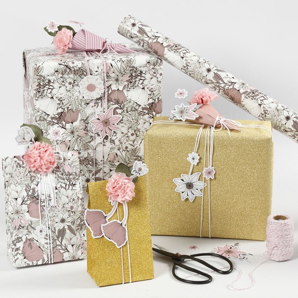 Floral Gift Wrapping with punched-out Card Flowers and Tissue Paper Flowers