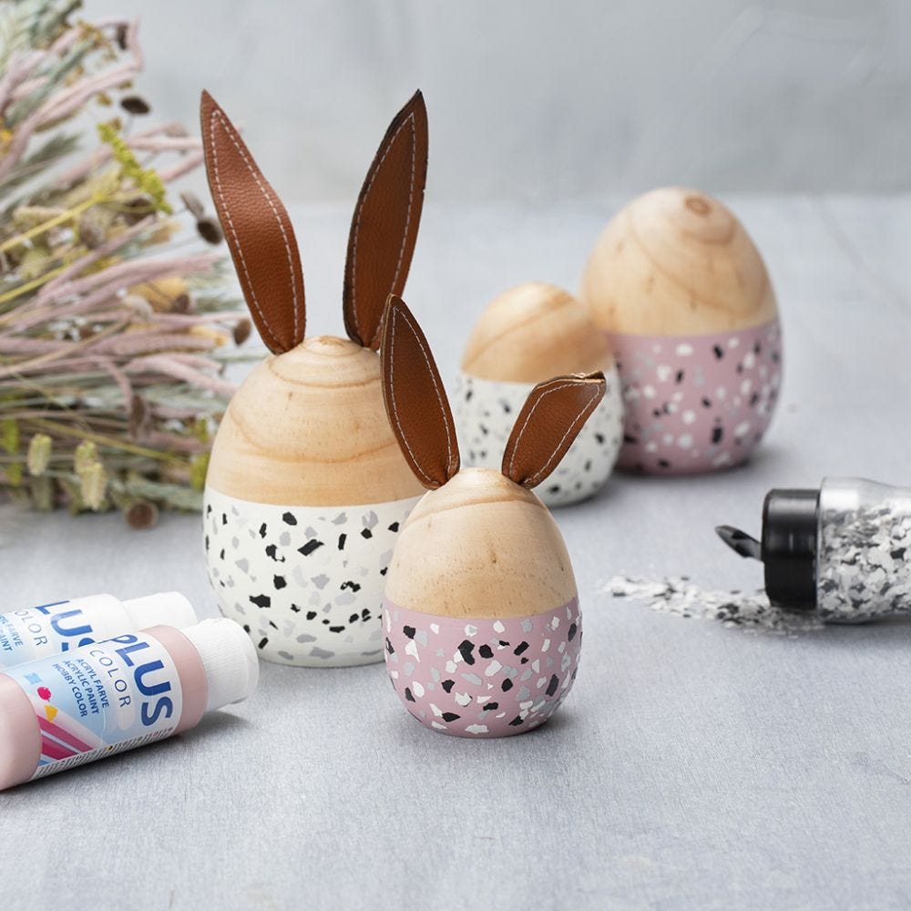 Wooden Eggs and Rabbits painted with Plus Color and decorated with Terrazzo Flakes