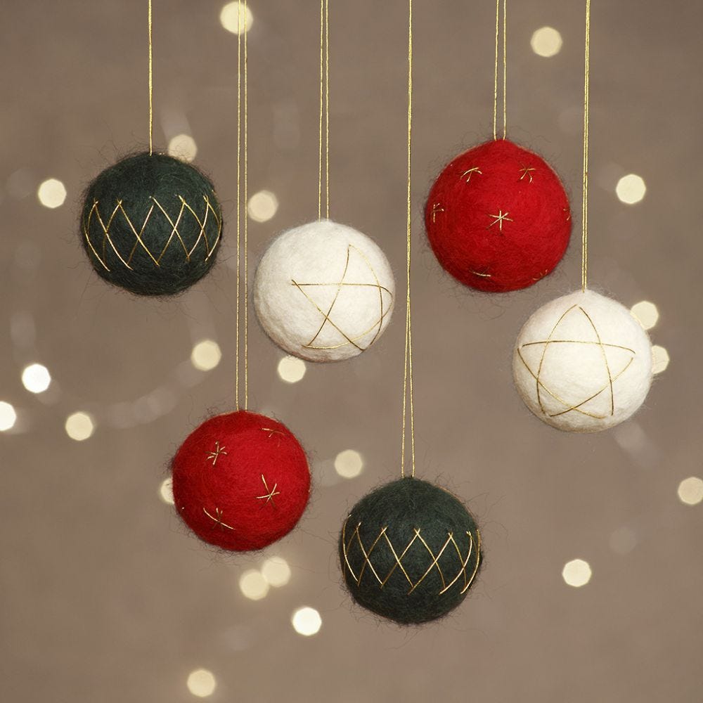 Needle felted Christmas baubles made from polystyrene balls decorated with gold thread