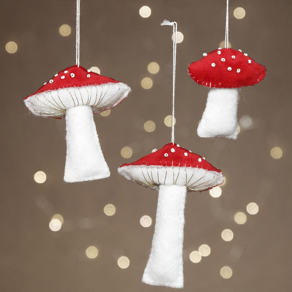 Felt toadstools decorated with rocaille seed beads