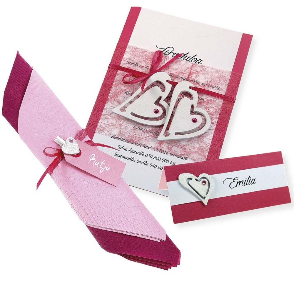 A pink and white Invitation, Place Card and Napkin Decoration