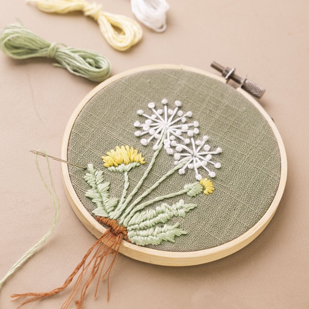 Embroidery frame with an embroidered dandelion